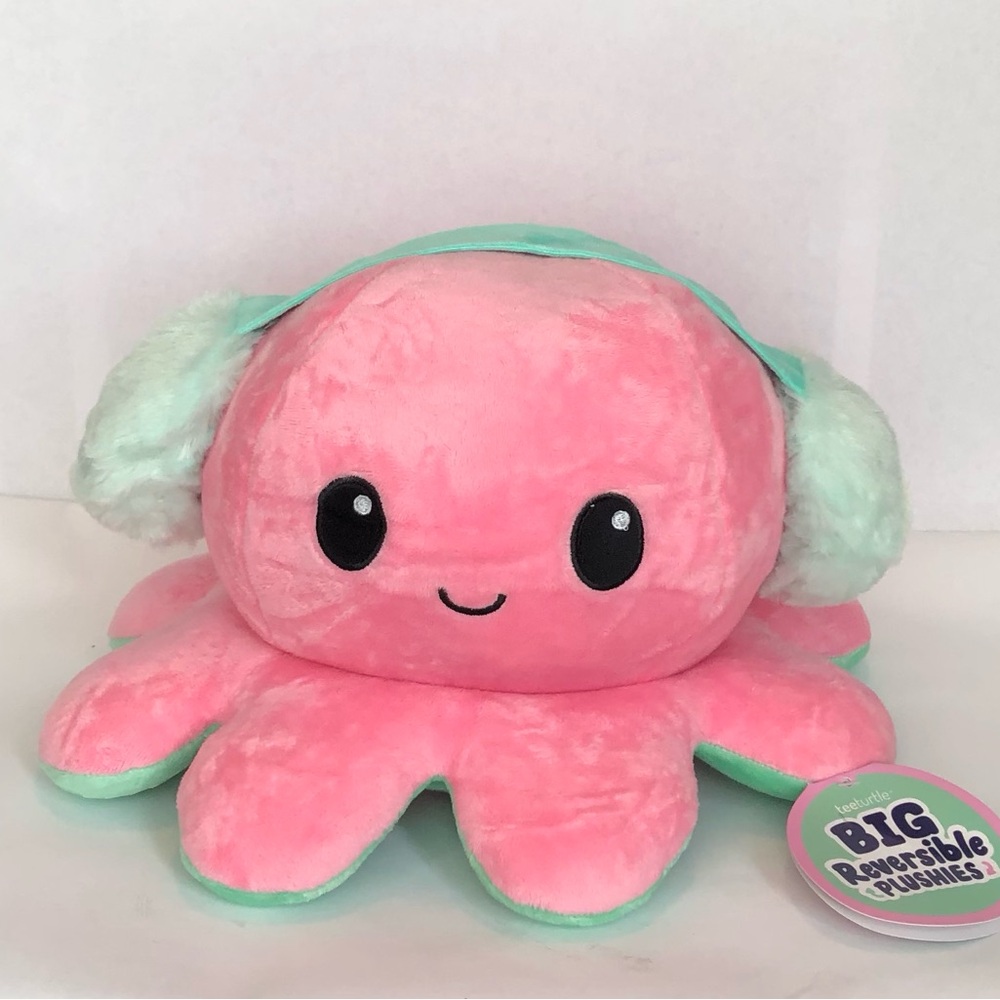 Pink Big Reversible Plush Octopus with Mint Accents for Kids Girl 12X8in.